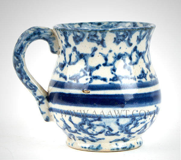 Spongeware Shaving Cup, Blue and White Stoneware, Mug, Uncommon Form
Probably Pennsylvania or Ohio, Circa 1860 to 1870, entire view